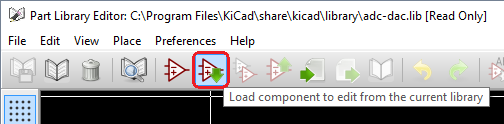 Screenshot highlighting the 'Load Component' button in the top toolbar. It's the 6th one from the left, and the full tooltip reads 'Load component to edit from the current library'